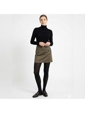 TATYANA Olive Green Poly Blend Satin Faux Leather Pocket Flaps Lined Mini Skirt